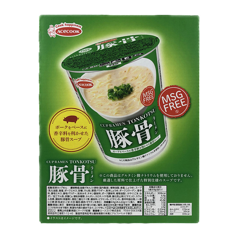 エースコック MSG フリー (グルタミン酸ナトリウム不使用) カップラーメン 豚骨 12食 ACECOOK MSG FREE TONKOTSU